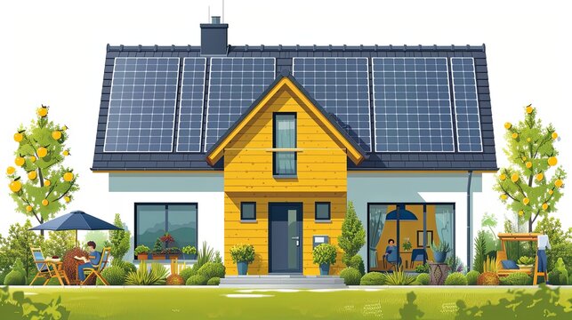 Solar panels on roof. Conceptual illustration shows people collecting lightning for green and clean electric energy from house solar panels. Ecology and sustainability