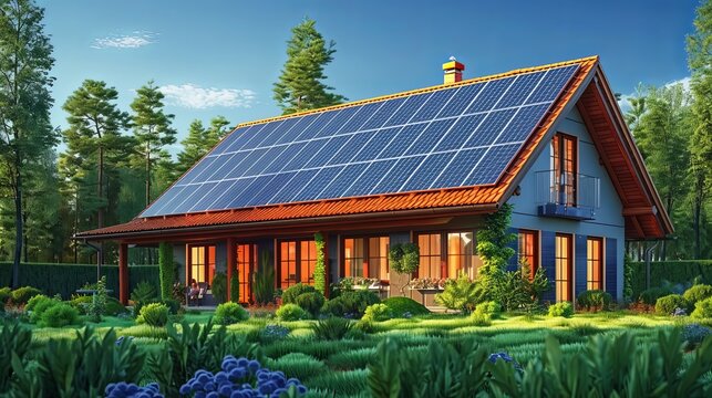 Solar panels on roof. Conceptual illustration shows people collecting lightning for green and clean electric energy from house solar panels. Ecology and sustainability