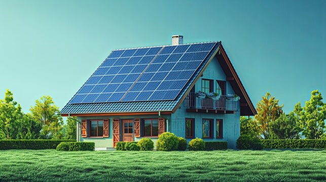 Solar panels on roof. Conceptual illustration shows people collecting lightning for green and clean electric energy from house solar panels. Ecology and sustainability
