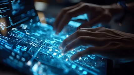 Futuristic Holographic Keyboard Typing in Innovative Office Workspace