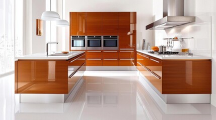 Fototapeta premium Elegant kitchen design with wooden cabinetry, modern fixtures, open-plan layout