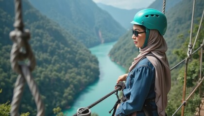 Obraz premium Excited Woman on Suspension Bridge Overlooking Scenic River