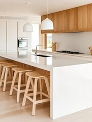 Light wood finishes in a contemporary kitchen, large island, open layout