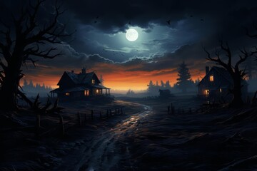 A chilling illustration of a harvest moon illuminating an eerie, abandoned farmhouse