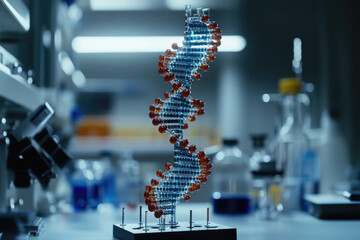 Modern medical research laboratory with microscopes, test tubes and 3D DNA model