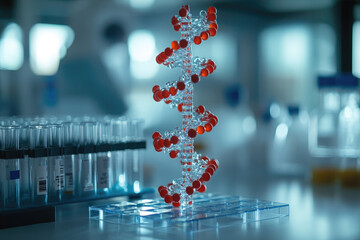 Modern medical research laboratory with microscopes, test tubes and 3D DNA model