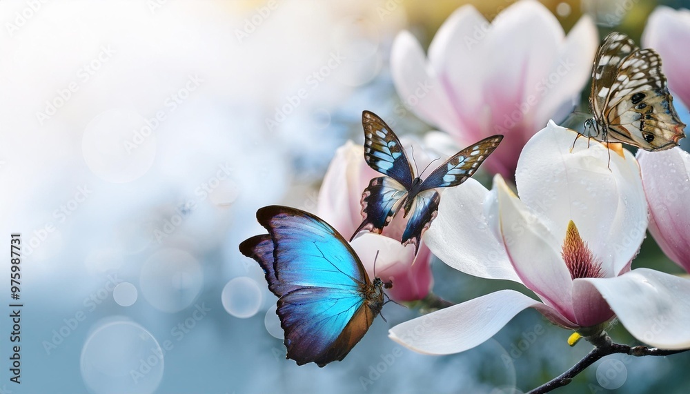 Wall mural a breathtaking display of nature s delicacy creamy magnolia flowers with dew and blue butterflies