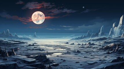 Naklejka premium A chilling illustration of an icy tundra under a cold, bright moon