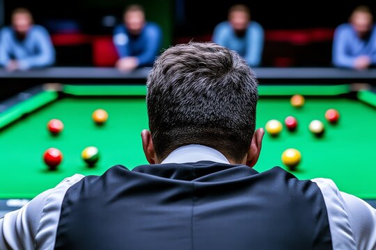A snooker referee overseeing a professional match, with players focused on their strategy and the tension building