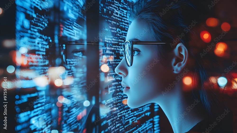 Poster an ai-powered virtual twin closely examining a complex data visualization on a futuristic digital in