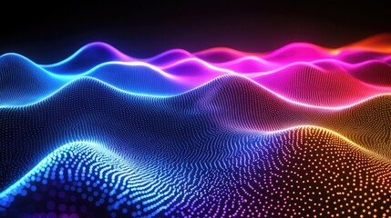 Pulsating dots of light following a wave pattern in neon colors on a black background.