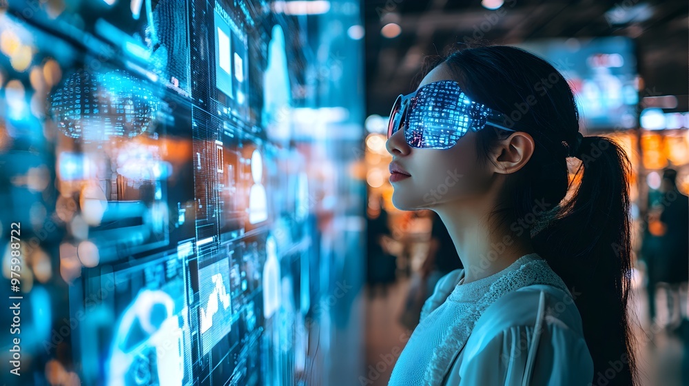 Poster portrait of a virtual twin figure examining and analyzing data on a futuristic,illuminated digital i