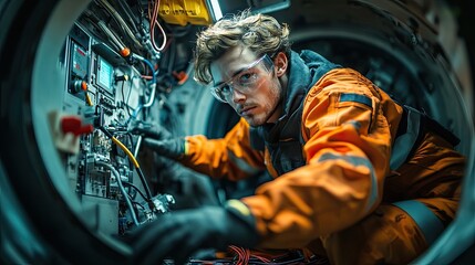 6. A wind turbine engineer working on electrical components inside the base of a turbine, with wires, tools, and safety gear organized around the small, confined space