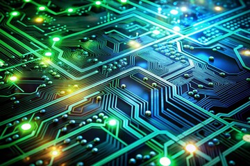 Fototapeta premium Close-Up Circuit Board with Glowing Electronic Pathways – Futuristic Technology Engineering