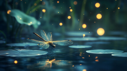 Fototapeta premium A Dragonfly's Serene Moment by the Pond