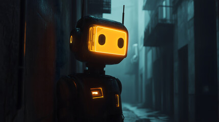 A Nostalgic Robot Gazing Down a Dark Alley.