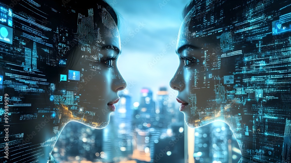 Poster visually stunning digital portrait of a virtual twin managing a complex futuristic data simulation w