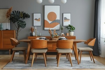 Mid-Century Modern Dining Room with Scandinavian Art Prints, Wooden Frames, Grey Walls, Scandi Style Furniture, and Wood Dressers