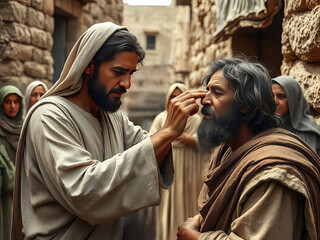 Gospel Images from the Bible NT - Jesus heals blind man using mud from saliva