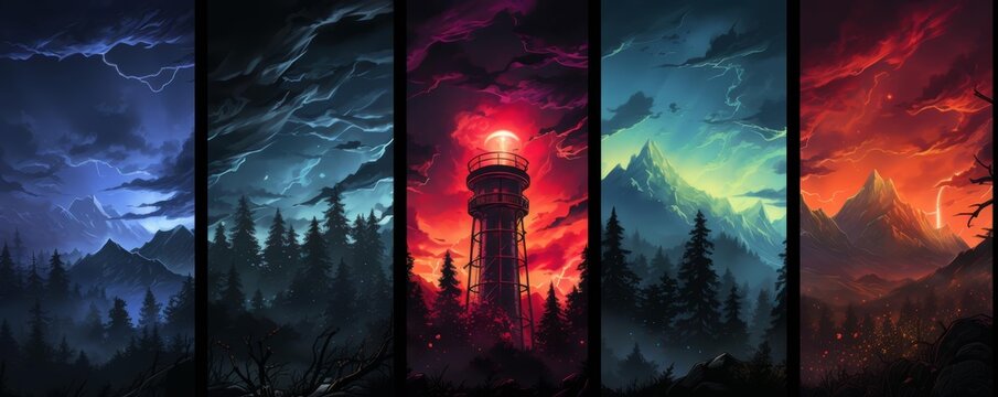 A dramatic illustration of a firewatch tower overlooking a vast forest