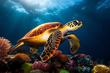 Fototapeta premium A vibrant underwater scene, with a sea turtle swimming through a kaleidoscope of coral, sponges, and tropical fish