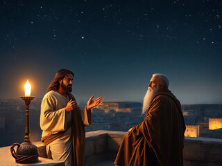 Gospel Images from the Bible NT - Jesus talks with Pharisee Nicodemus at night on roof saying need to be born again