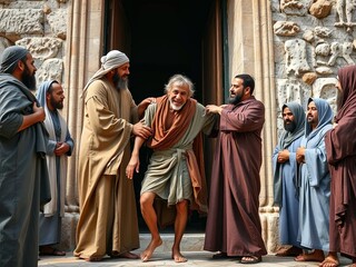 Naklejka premium Gospel Images from the Bible NT - Peter heals a lame beggar at the temple gate