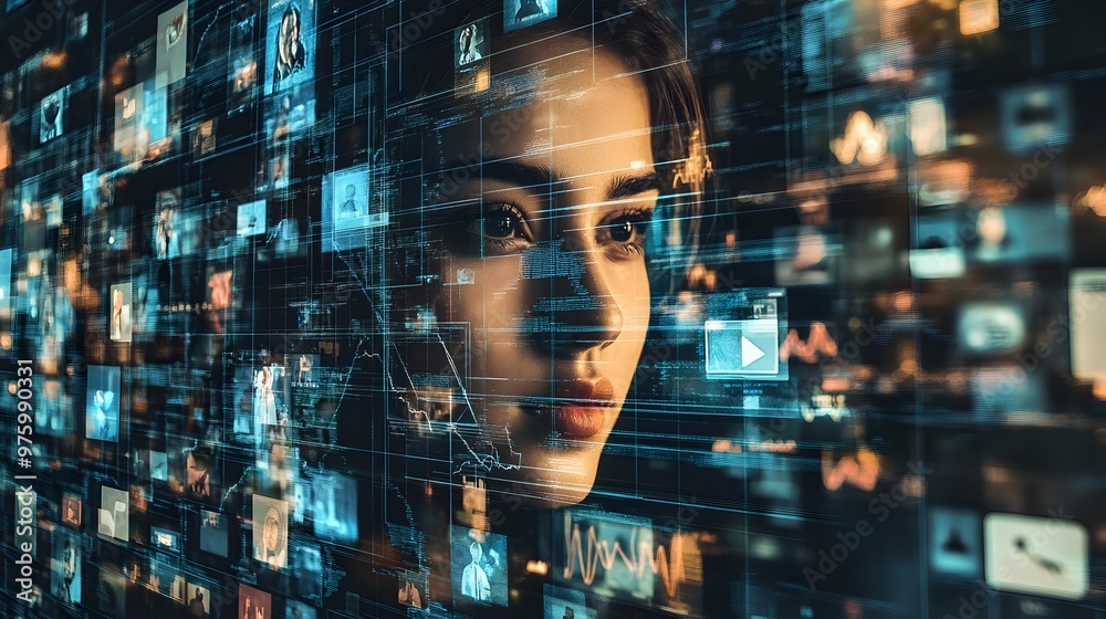 Poster digital tracking visualization on a virtual interface with blurred futuristic displays and connectio