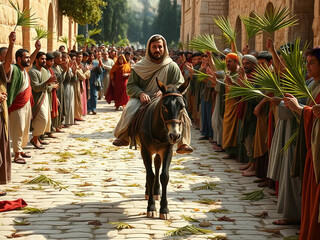 Gospel Images from the Bible NT - Jesus rides a donkey into Jerusalem Palm Sunday