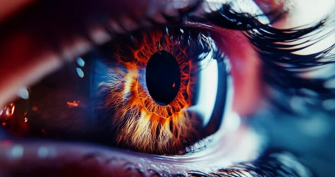 Detailed 4K Macro Shot of a Human Eye with Vivid, Fiery Iris, Pupil, and Retina, Highlighting Textured Surfaces and Reflections in a Stunning Representation of Visual Perception and Digital Realism