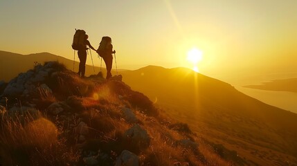Fototapeta premium Teamwork and Perseverance: Two Hikers Helping Each Other on a Mountain at Sunset - Motivational Silhouette