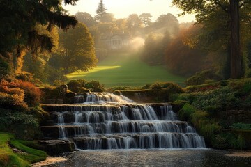 Cascading Waterfall in a Lush Forested Estate with a Manor House in the Distance