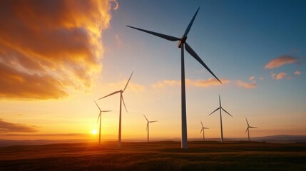 A scenic view of wind turbines against a vibrant sunset sky, showcasing renewable energy in a beautiful landscape.