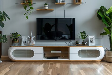 MLU White and Oak High Gloss Low TV Stand with Glass Shelves, Flat Screen TV, and Light Wooden Floor in Modern Home Interior