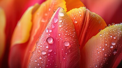 A close-up of tulip petals covered in morning dew, showcasing their vibrant color and delicate texture
