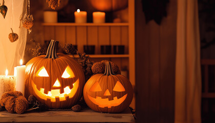 Obraz premium A spooky yet inviting Halloween scene with carved pumpkins, candles, and rustic décor, featuring Pumpkin Orange, Creamy White, and Espresso Brown. Perfect for an eerie but warm autumn settings.