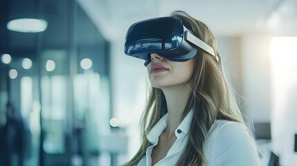 Businesswoman Exploring Digital Innovation with Virtual Reality Glasses in Modern Office
