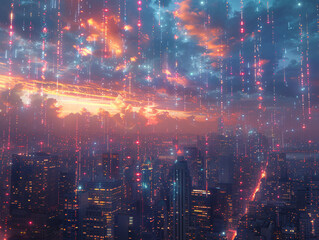 Fototapeta premium Neon Skyline: Synthwave Cityscape with Holographic Billboards and Digital Stars