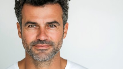 Fototapeta premium A confident man with a friendly smile and tousled hair, showcasing a relaxed and approachable demeanor against a neutral background.