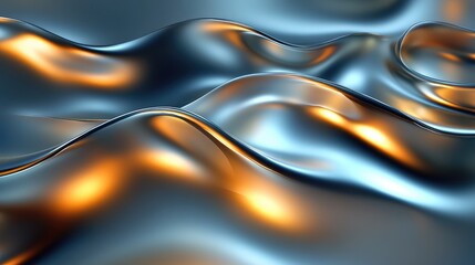 Abstract waves of smooth metallic surfaces reflecting various light sources.