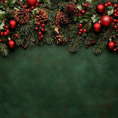 Christmas Decoration Green Background Pine Cones Holly Berries Ornaments