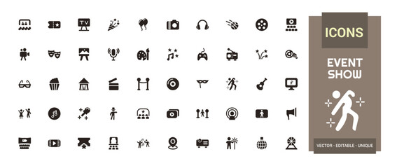 Event show solid icon set. Live media movie event stage icons collections, glyph for web and ui. Filled icon pack, editable stroke. Vector illustration.