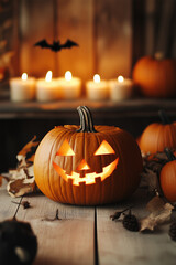 Obraz premium A spooky yet inviting Halloween scene with carved pumpkins, candles, and rustic décor, featuring Pumpkin Orange, Creamy White, and Espresso Brown. Perfect for an eerie but warm autumn settings.