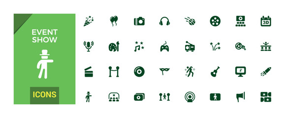 Event show solid icon set. Live media movie event stage icons collections, glyph for web and ui. Filled icon pack, editable stroke. Vector illustration.