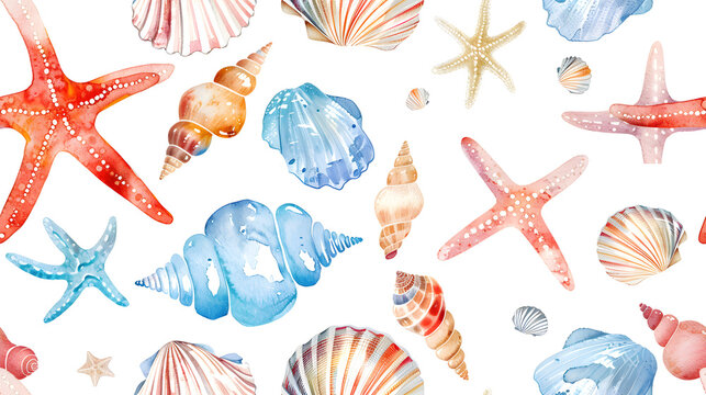 A seamless pattern featuring vibrant seashells and starfish in blue, orange, and red hues, creating a playful marine-themed design perfect for summer projects.
