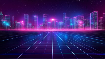 Futuristic city skyline illuminated with neon lights, featuring vibrant colors and a grid pattern, perfect for digital themes.