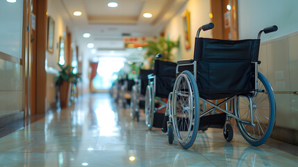 A row of empty wheelchairs placed in a well-lit hospital corridor, symbolizing readiness for patient care in a clean and organized healthcare facility.