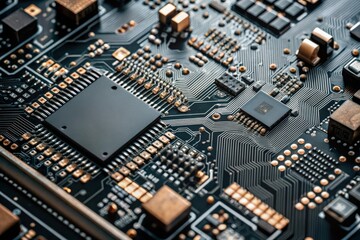 Fototapeta premium Close-Up of Motherboard Circuit Board Detailing Processor and CPU Components in Modern Electronics