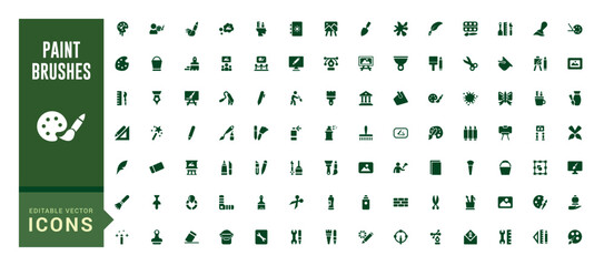 Paint brushes icon set. Related to spray, color palette, paint bucket and more. Filled icons vector illustration. Glyph icon set for web and ui. Editable stroke. © Rubbble