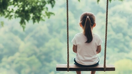 A child sitting on a tree swing hanging from a sturdy branch, surrounded by forest greenery tree swing, forest, tree interaction